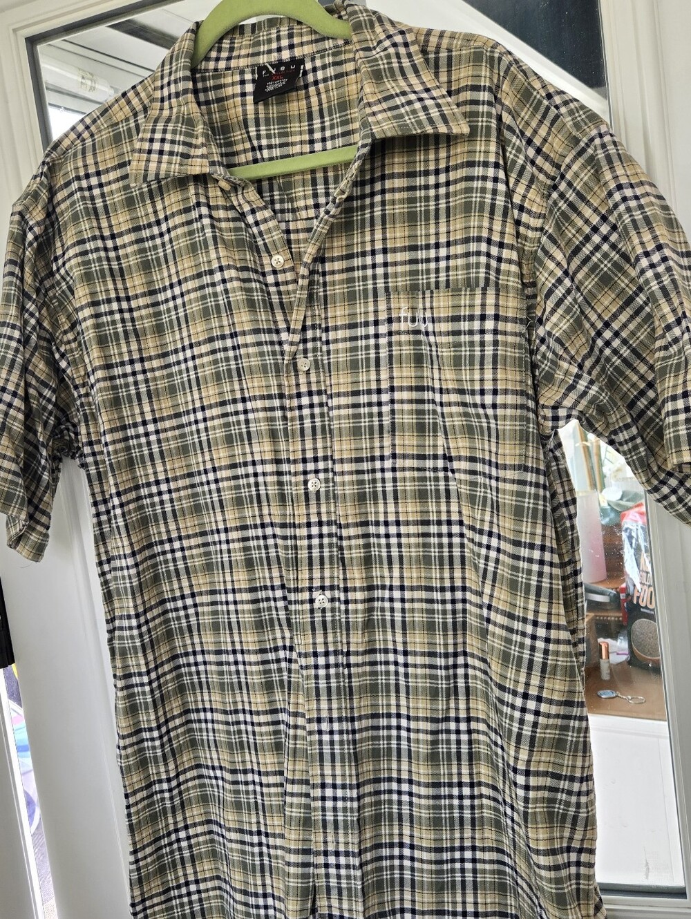 Vintage Fubu Men's Plaid Short-Sleeve Button-Up Shirt - Beige/Navy/Green XXL Y2K